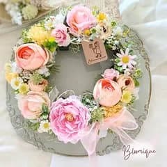 薔薇とラナンキュラスの夏リース ピンク ナチュラル 玄関飾り クローバー