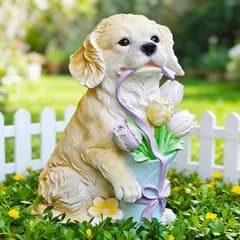 置物 オブジェ ガーデンオーナメント 花束を持っている犬 いぬ イヌ ゴールデンレトリバー 屋外 屋内 インテリア 玄関 リビング ダイニング 装飾 庭 ガーデニング 装飾 ガーデン 樹脂 可愛い ギフト インテリア用品 贈り物 雑貨