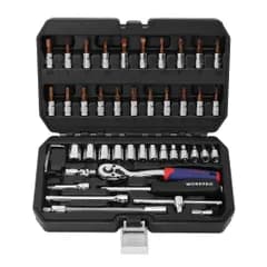 【新品】ソケットレンチセット ラチェットレンチ オフセットタイプ 差込角6.35mm（1/4インチ) 46点組 自動車修理 車メンテナンス ガレージツールセット 作業セット 工具 道具 専用収納ケース付属