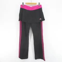 アディダス adidas スポーツウェア スカート付きフィットネスパンツ ロング丈 M 黒系 ブラック ストレッチ ライン ロゴ 文字 プリント