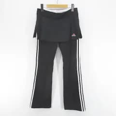 アディダス adidas スポーツウェア スカート付きフィットネスパンツ ロング丈 M 黒系 ブラック ストレッチ ライン ロゴ 文字 プリント