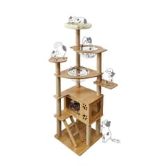 ★新品★日本メーカー RAKU キャットタワー 木製 宇宙船付き 高さ約160 cm 子猫 短足猫向け 多頭飼い 猫ハウス 爪とぎ支柱ポール 丸角デザイン 猫タワー 据え置き ホワイトコットン支柱 シンプル お手入れ簡単 (キャットタワ-M（ c561a1f2
