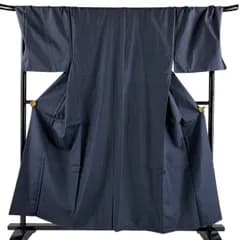 【美品】 男着物 身丈157.5cm 裄丈76cm L 袷 縞 幾何学 紺色 正絹 秀品 【中古】