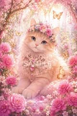 737 幻想猫アート  2Lサイズ ファンタジー 白猫 花冠 ピンク 花 AIアート