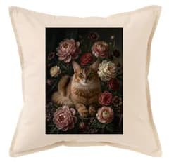 猫（ソマリ）クッション 45cm 花の油絵風アート フルカラー