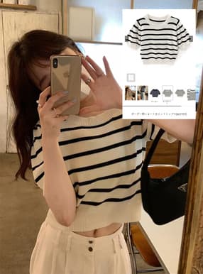 ボーダー柄ショート丈ニットトップス