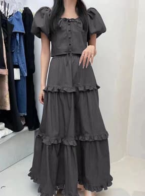 リボンショート丈トップス×ティアードフリルスカートセットアップ
