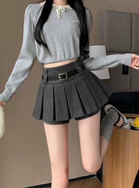 インパン裏地・ベルト付きプリーツミニスカートパンツ