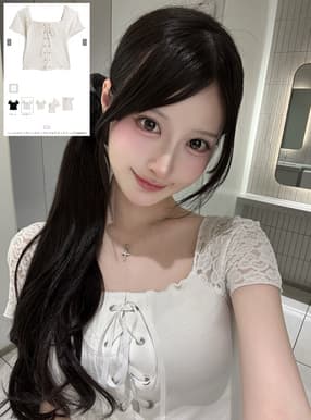 レーススリーブレースアップスクエアネックトップス