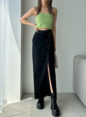配色ステッチスリットロングスカート