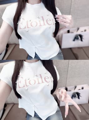 ロゴプリントパールタックスリットTシャツ