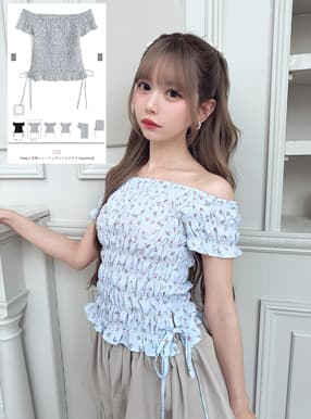 2Way小花柄シャーリングフリルブラウス