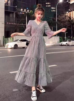 チェック柄カシュクールティアードワンピース
