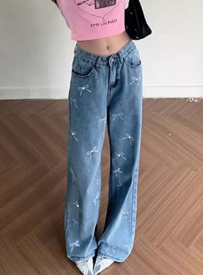 パールリボンストレートデニムパンツ