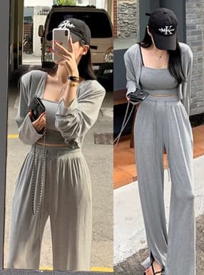 カップ付きキャミソール×ショート丈カーディガン×パンツセットアップ