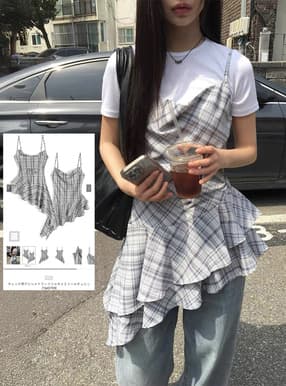 チェック柄アシンメトリーフリルキャミソールチュニック