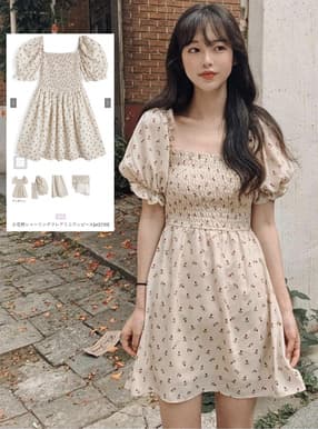 小花柄シャーリングフレアミニワンピース