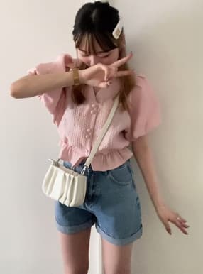 ロールアップヘムハイウエストデニムショートパンツ