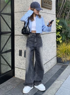 ブリーチハイウエストワイドデニムパンツ