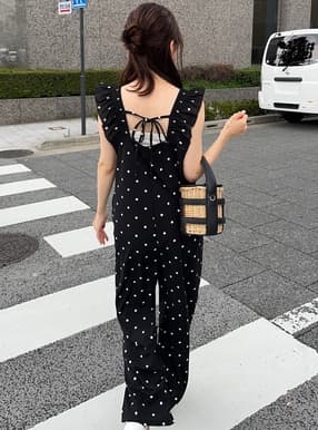 ドット柄ショルダーフリルオールインワン