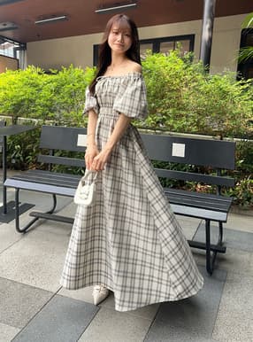 チェック柄バルーンスリーブワンピース