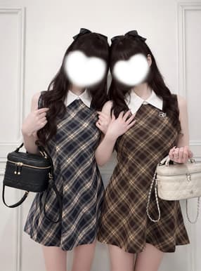 チェック柄ロゴ刺繍ノースリーブミニワンピース