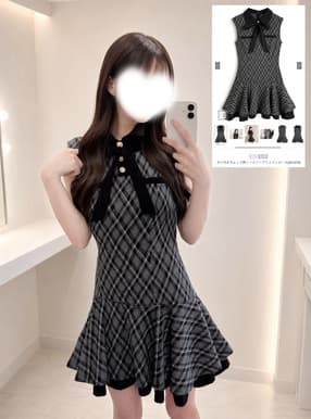 タイ付きチェック柄ノースリーブミニワンピース
