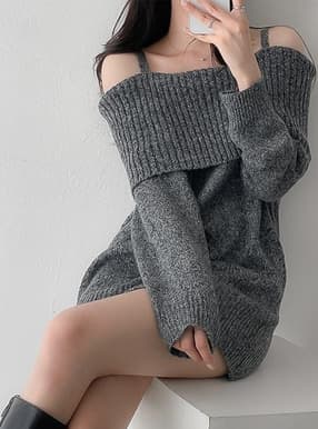 オフショルダーニットミニワンピース