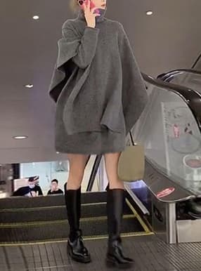 アシンメトリーポンチョ×ミニワンピースニットセットアップ
