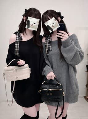 チェックリボンワンショルダーニットミニワンピース