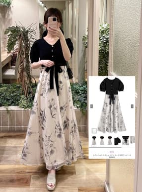 リボンベルト付きニットドッキング花柄ワンピース