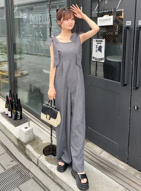 リボンショルダーワイドオールインワン