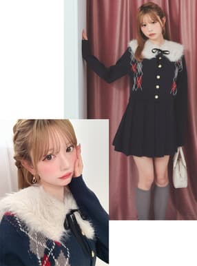 ファーティペット付きアーガイル柄カーディガン×プリーツスカートニットセットアップ