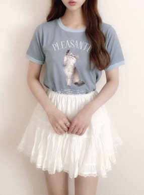 キャットプリントリンガーTシャツ