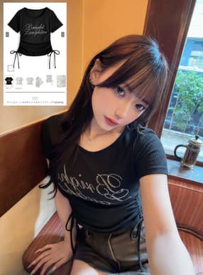 ラインストーンロゴサイドドロストリブトップス