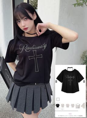 タイ付きラインストーンロゴビッグTシャツ