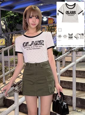 ドット柄レースロゴ刺繍リンガーTシャツ