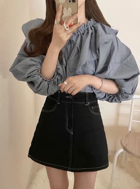 配色ステッチツイルミニスカート