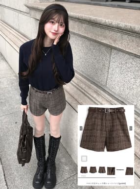 ベルト付きチェック柄ショートパンツ