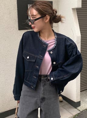 フリンジ配色ステッチデニムジャケット
