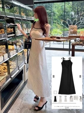 ドット柄ショルダーリボンキャミソールワンピース