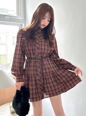 ベルト付きチェック柄シャツワンピース