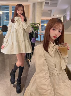 リボン付きストライプ柄シャツミニワンピース