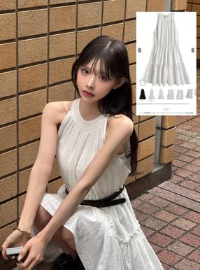 レース刺繍ホルターネックティアードミニワンピース