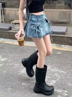 インパン・ベルト付きリボンデニムミニスカート