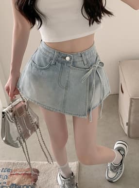 サイドリボンラップ風デニムショートパンツ