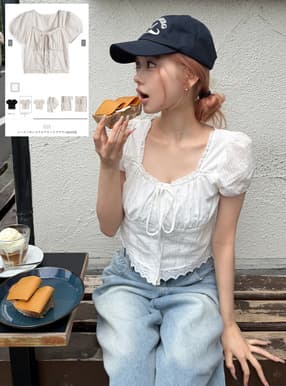 レースリボンスクエアネックブラウス