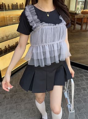 バックリボンチュールビスチェ×Tシャツセットアップ
