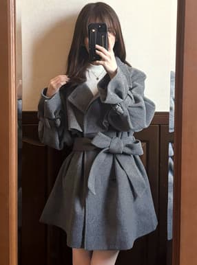 襟2Wayリボンベルト付きフェイクウールトレンチコート