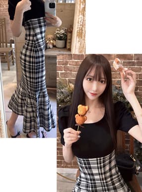 チェック柄切替マーメイドニットワンピース